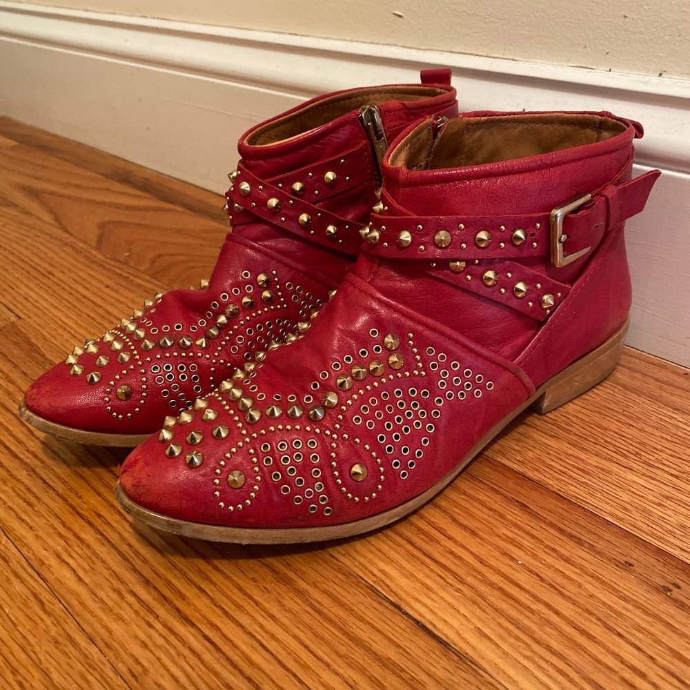 ZARA GENUINE RED LEATHER STUDDED ANKLE BOOTIES